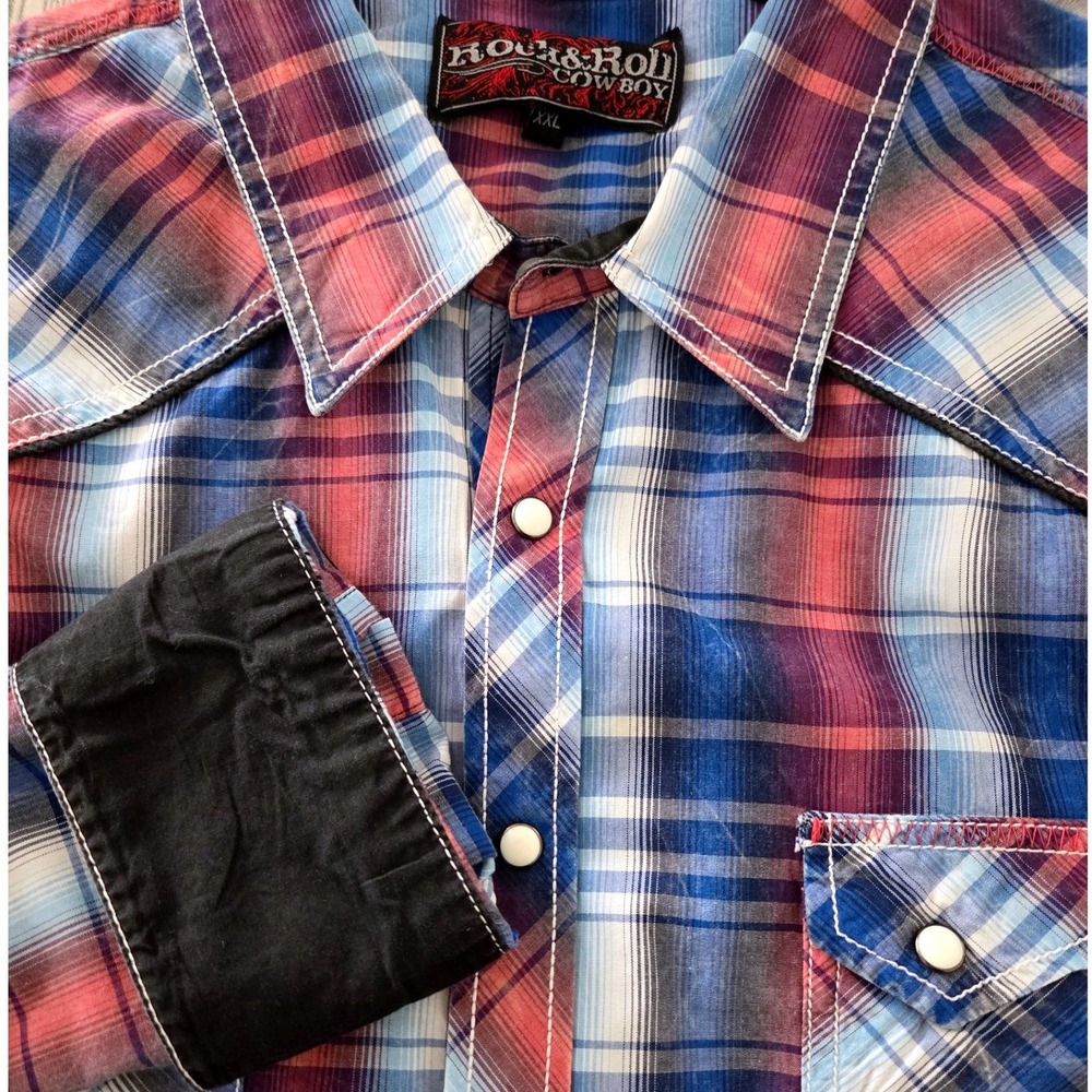Rock & Roll Cowboy Plaid Pearl Snap Long Sleeve Western Shirt Blue Red Sz XXL
